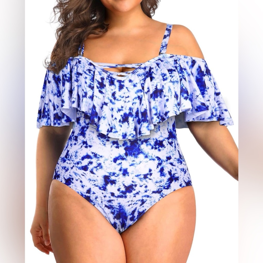 Daci Blue Off Shoulder Ruffle Flounce Tummy Control Plus Size 1pc Swimsuit 20W